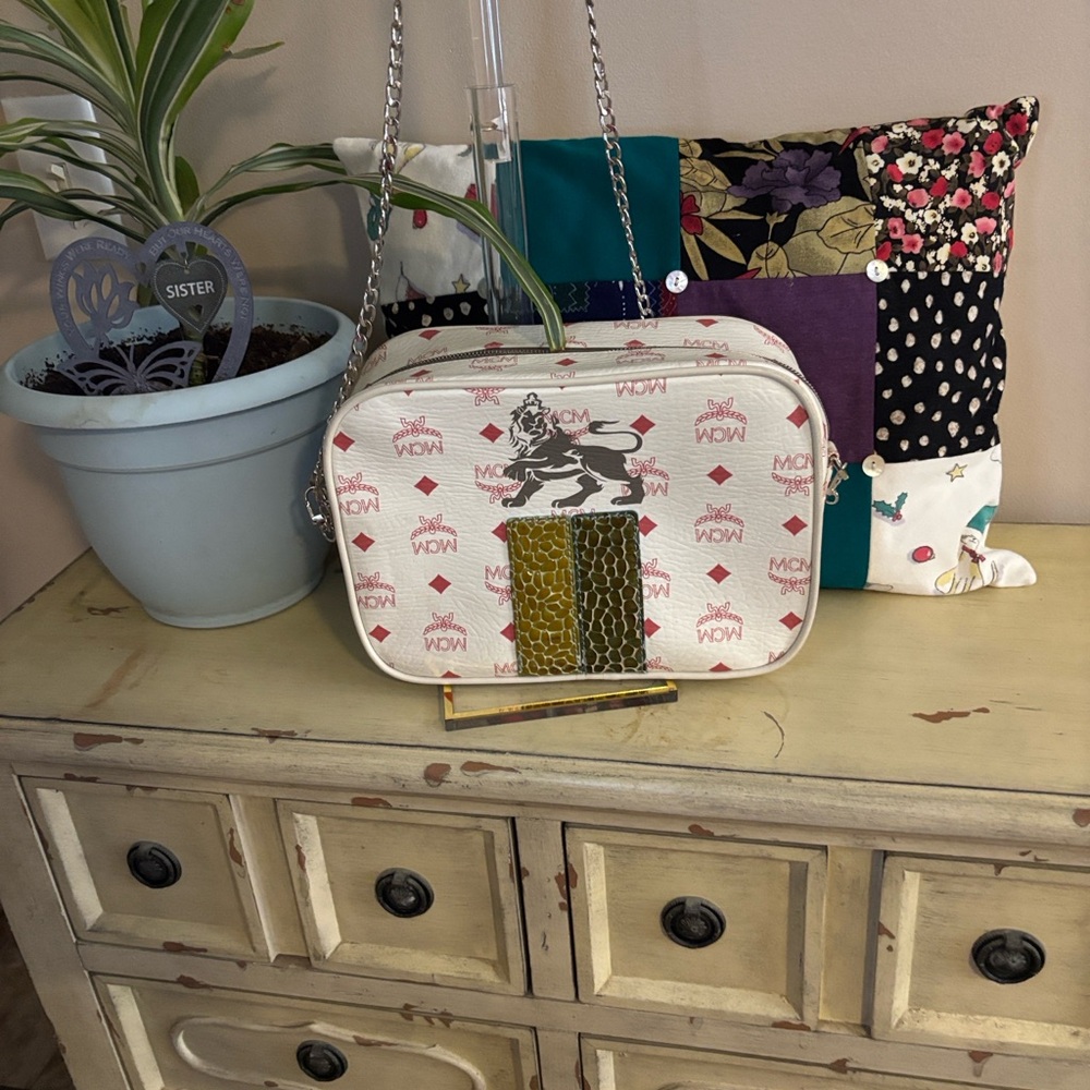 MCM White Pink Logo Crossbody with Green Accent Stripe